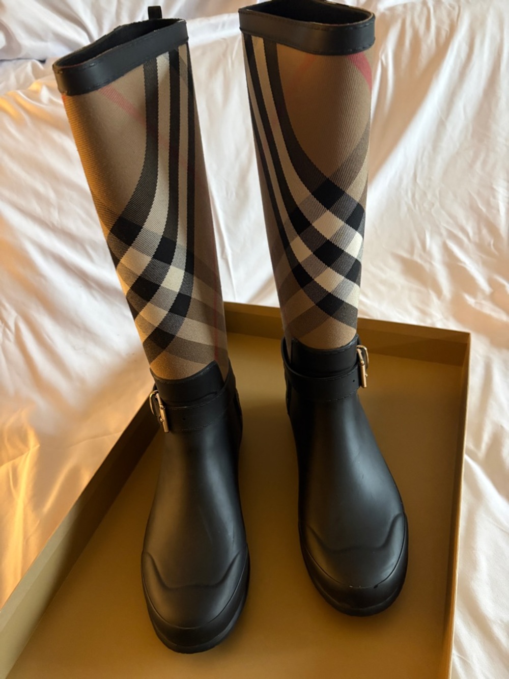 Burberry Simeon House Check Knee-High Rain Boot, Beige/Black